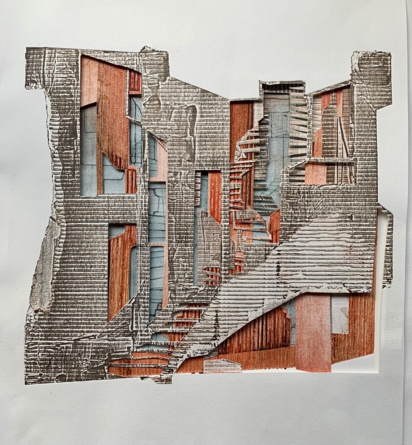 UP AND AROUND . 32x30CM .  RAISED COLLAGE . UNIQUE .  SOLD